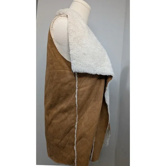 Brown Suede Sherpa Lined Vest Women's Open‎ Front Drape Collar Cozy - Picture 4 of 6